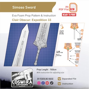 Può includere: Progetto di una spada Simoso, con modello in schiuma Eva e istruzioni. Il design include diagrammi dettagliati per un'elica lunga 160 cm. È visibile anche il testo "Clair Obscur: Expedition 33".