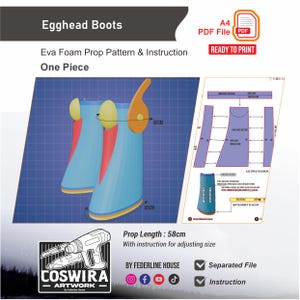 May include: A digital pattern for Egghead Boots, featuring a blue and red design. The pattern includes instructions and is ready to print as an A4 PDF file. The prop length is 58 inches.