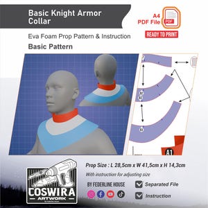 May include: A digital pattern for a Basic Knight Armor Collar. The design features a red and blue collar, with a prop size of 11.2 inches long, 16.3 inches wide, and 5.6 inches high. Includes instructions and a separated file.