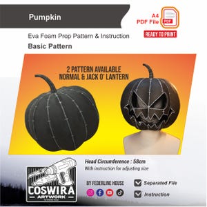 Pode incluir: Um arquivo PDF digital A4 para um padrão de acessório de abóbora em espuma EVA. A imagem mostra uma abóbora preta lisa e uma abóbora jack-o'-lantern preta com uma circunferência de cabeça de 58 cm. O texto inclui "Pumpkin", "Eva Foam Prop Pattern & Instruction" e "2 PATTERN AVAILABLE NORMAL & JACK O' LANTERN."