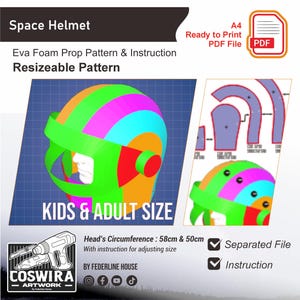 May include: A colorful space helmet pattern for kids and adults. The design includes a green visor, red, orange, and purple sections. The pattern is resizeable and comes with instructions. The head circumference is 58cm and 50cm.