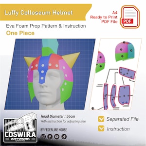 May include: A colorful Luffy Colosseum helmet pattern and instruction sheet. The helmet is divided into sections of green, pink, blue, and yellow. The text reads "Luffy Colosseum Helmet" and "Eva Foam Prop Pattern & Instruction One Piece". The head diameter is 56cm.