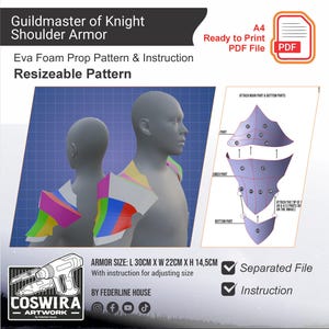 May include: A digital pattern for Guildmaster of Knight Shoulder Armor. The image shows a 3D model wearing the armor, along with instructions and a diagram. The armor size is 11.8 inches long, 8.7 inches wide, and 5.7 inches high. The pattern is a ready-to-print PDF file.
