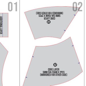May include: Diagram showing two grey foam core layer pieces with red outlines, labelled A2 and A3. Text indicates the pieces are 5mm EVA foam, mirrored for the other side. An additional layer is also shown.