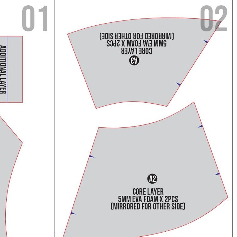 May include: Diagram showing two grey foam core layer pieces with red outlines, labelled A2 and A3. Text indicates the pieces are 5mm EVA foam, mirrored for the other side. An additional layer is also shown.