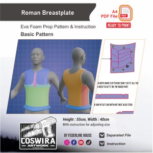 Könnte beinhalten: Digitales Schnittmuster für eine römische Brustplatte, mit Vorder- und Rückansicht des Rüstungsdesigns. Das Muster ist 55 cm hoch und 40 cm breit, mit Anweisungen zur Größenanpassung. Enthält eine druckfertige PDF-Datei.