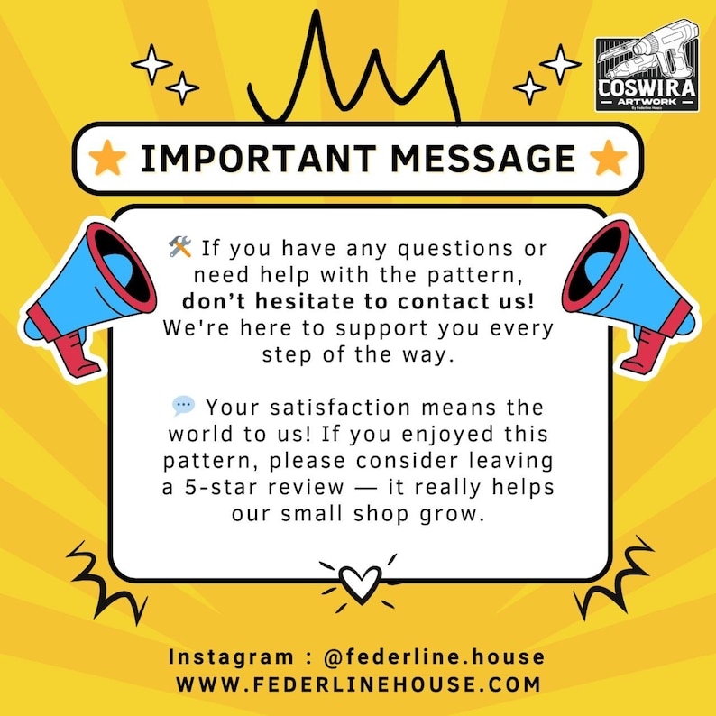Pode incluir: Gr&aacute;fico amarelo com um bal&atilde;o de fala branco contendo o texto "IMPORTANT MESSAGE". A mensagem incentiva os clientes a entrar em contato com o vendedor para qualquer d&uacute;vida e a deixar uma avalia&ccedil;&atilde;o de 5 estrelas. Inclui informa&ccedil;&otilde;es de m&iacute;dia social.