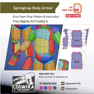 May include: A digital pattern for Springtrap body armor from Five Nights at Freddy's. The image shows a colorful, geometric design for an Eva foam prop, with instructions. The text includes "Ready to Print" and "Adjustable Size."