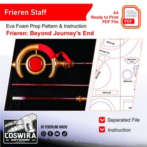 以下が含まれることがあります： 「Frieren Staff」と書かれた、赤い宝石とアクセントが付いた金色の杖。画像には、Eva Foam小道具のPDFパターンと説明が含まれています。「Frieren: Beyond Journey's End」というテキストも表示されています。