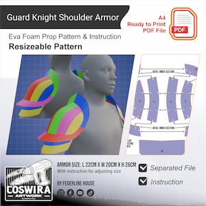 May include: A digital pattern for Guard Knight Shoulder Armor, featuring an Eva Foam Prop design. The image shows a 3D model wearing the colorful armor, along with pattern instructions. The armor size is 8.66 inches long, 7.87 inches wide, and 10.24 inches high.