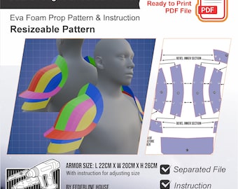 May include: A digital pattern for Guard Knight Shoulder Armor, featuring an Eva Foam Prop design. The image shows a 3D model wearing the colorful armor, along with pattern instructions. The armor size is 8.66 inches long, 7.87 inches wide, and 10.24 inches high.