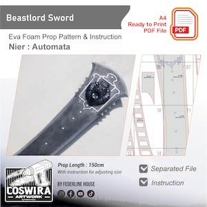 Op de afbeelding: Afbeelding van een Beastlord Sword prop patroon en instructies voor Nier: Automata. Het zwaard is grijs met een gedetailleerd leeuwenkopontwerp. De prop lengte is 150 cm. Inclusief een printklaar PDF-bestand.