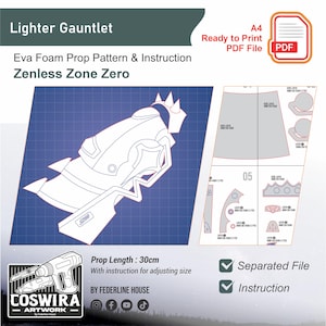 May include: A blueprint-style illustration of a gauntlet prop pattern, labeled "Lighter Gauntlet" and "Zenless Zone Zero." Includes a PDF file icon and text indicating a 30cm prop length. The design is for Eva foam.