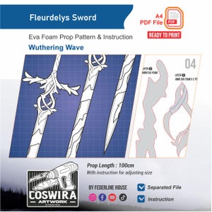 Può includere: Illustrazione in stile blueprint della Fleurdelys Sword, un modello di oggetti di scena per il gioco Wuthering Wave. Il design include contorni dettagliati dei componenti della spada, con una lunghezza di 100 cm. L'immagine presenta anche istruzioni e un file PDF pronto per la stampa.