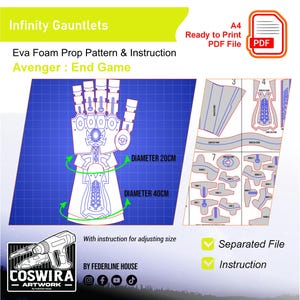 Pode incluir: Um diagrama em estilo de planta para uma Manopla do Infinito, com um padrão de adereço de espuma Eva e instruções. O design inclui medidas de 20 cm e 40 cm de diâmetro, com o texto "Avenger: End Game". A imagem também inclui um ícone de arquivo PDF.