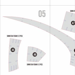 May include: A diagram with gray shapes labeled A5, A6, and A7, and the number 05. Text indicates the shapes are 5mm EVA foam, with some pieces labeled as 'X 2 PCS'. The shapes have cut-out lines.