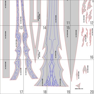 May include: A detailed template for crafting a sword, featuring various components labeled with numbers. The design includes intricate patterns and shapes, outlined in blue on a gray background. The template is designed for foam construction.