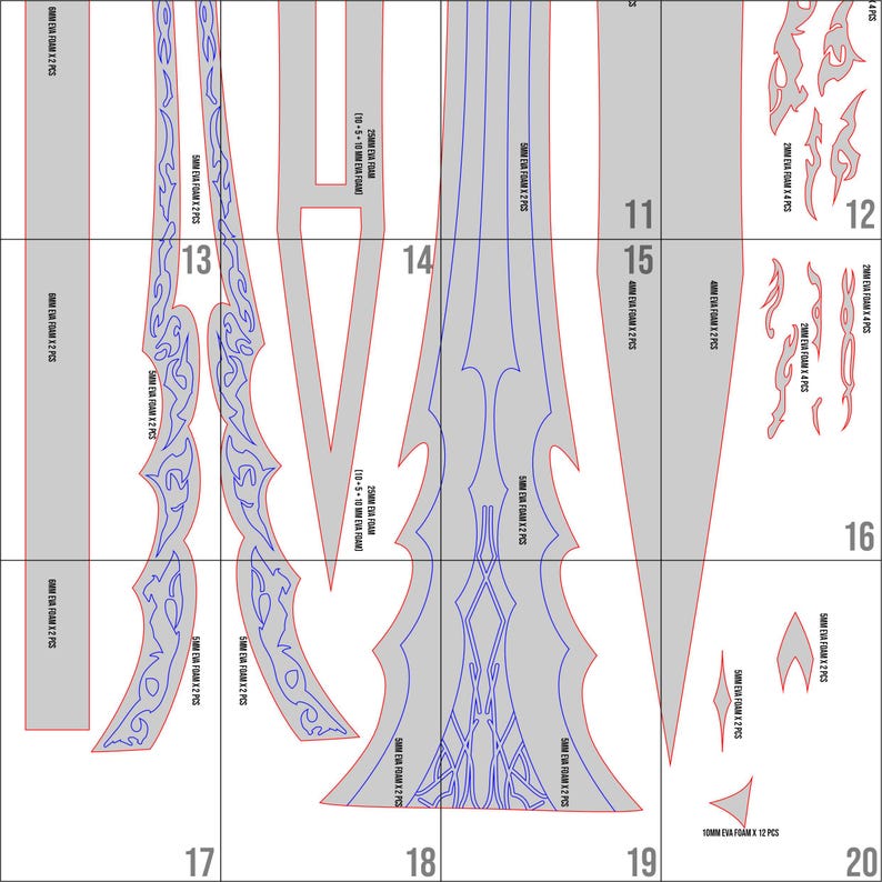 May include: A detailed template for crafting a sword, featuring various components labeled with numbers. The design includes intricate patterns and shapes, outlined in blue on a gray background. The template is designed for foam construction.
