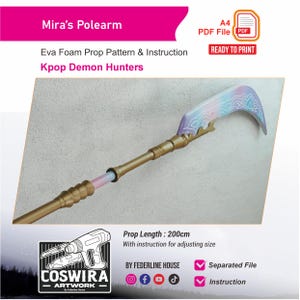 Può includere: Un elenco di prodotti digitali per il modello e le istruzioni dell'arma in asta Mira in schiuma EVA. L'immagine mostra un'arma lunga con un manico dorato e una lama curva con sfumature pastello e motivi geometrici bianchi. Lunghezza 200cm.