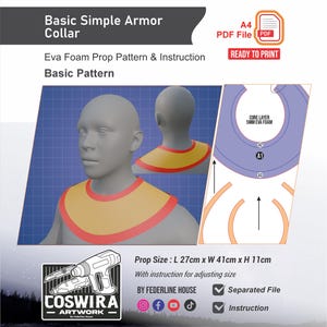 Puede incluir: Patrón digital para un collar de armadura simple básico, con un diseño amarillo y rojo. La imagen incluye un modelo 3D que lleva el collar, junto con instrucciones y un archivo PDF listo para imprimir. El tamaño del accesorio es de 27 cm L x 41 cm An x 11 cm Al.