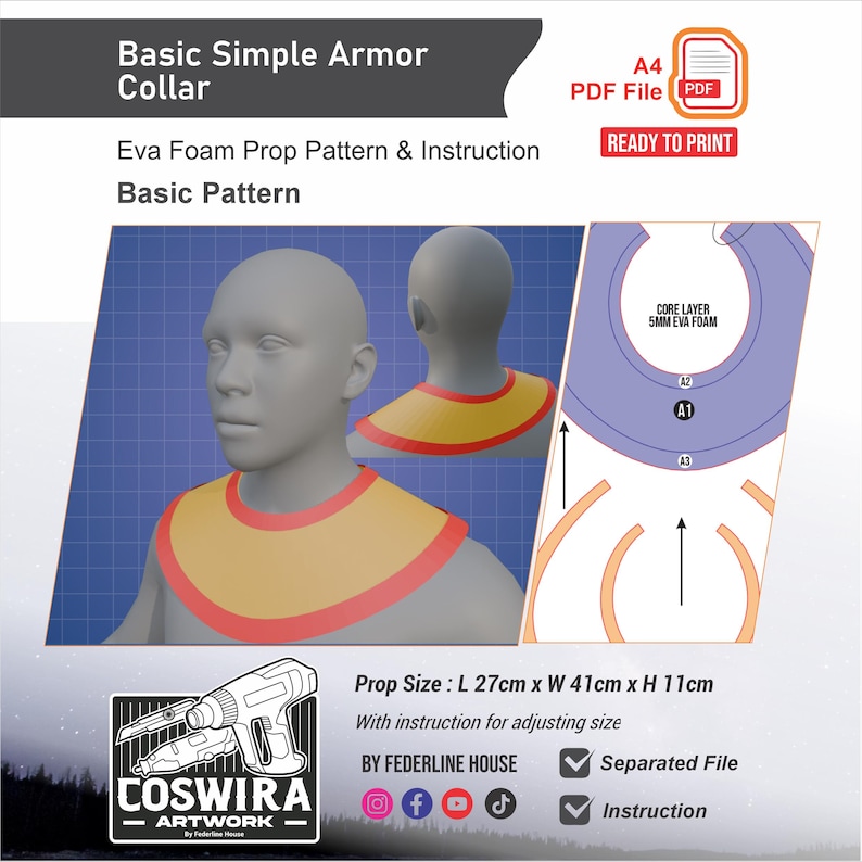 K&ouml;nnte beinhalten: Digitales Muster f&uuml;r einen einfachen Basic Armor Collar mit gelbem und rotem Design. Das Bild enth&auml;lt ein 3D-Modell, das den Kragen tr&auml;gt, zusammen mit Anweisungen und einer druckfertigen PDF-Datei. Die Requisitengr&ouml;&szlig;e betr&auml;gt 27 cm L x 41 cm B x 11 cm H.