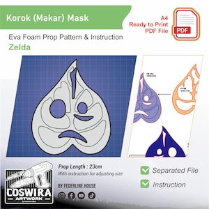 May include: A blueprint-style illustration of a Korok (Makar) mask, designed for Eva foam prop creation. The design includes a detailed outline with cut-out sections and the text "Zelda". The prop length is 23cm.