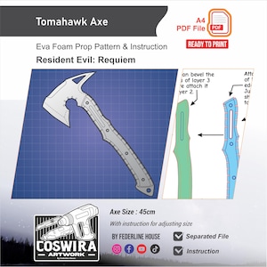 May include: A blueprint for a Tomahawk Axe prop, designed for Resident Evil: Requiem. The image includes a detailed pattern, instructions, and a size of 45cm. The design is ready to print and includes a separated file and instructions.