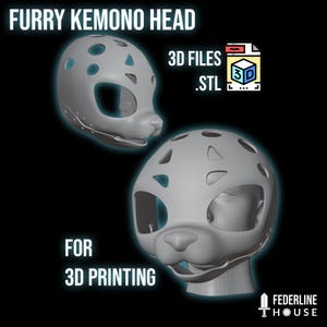 May include: Two grey 3D-printed Furry Kemono heads are shown against a black background. The text "FURRY KEMONO HEAD" and "FOR 3D PRINTING" are visible. The image also includes the text "3D FILES .STL".