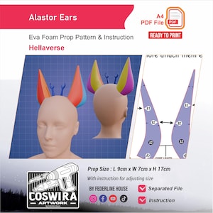 May include: A digital pattern for Alastor Ears, featuring a colorful design with red, orange, yellow, and blue accents. The pattern includes instructions and is ready to print. The prop size is 3.5 inches long, 2.7 inches wide, and 6.7 inches high.