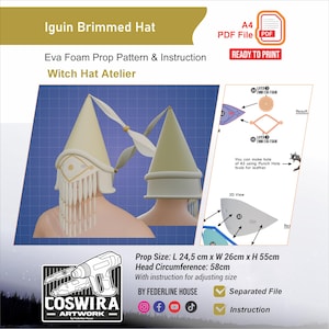 Puede incluir: Patrón de accesorio de espuma EVA Iguin Brimmed Hat e instrucciones en archivo PDF. El diseño presenta un sombrero cónico con un motivo de ojo central y elementos de flecos colgantes. Incluye diagramas técnicos, vista 3D y medidas de 24,5 cm por 26 cm por 55 cm.