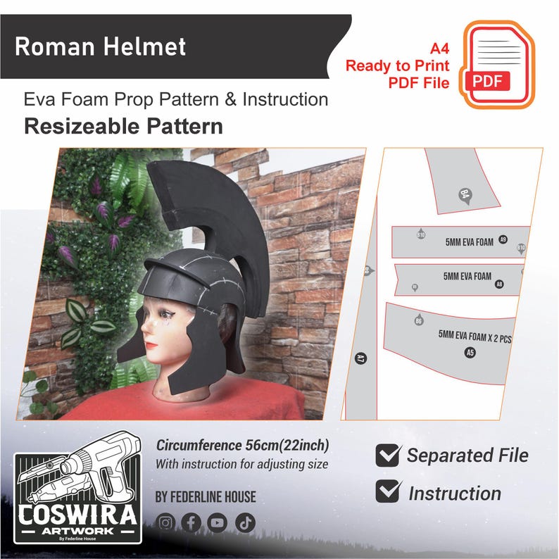 May include: Black Roman helmet prop made of EVA foam, displayed on a mannequin head. The pattern is resizeable, with a circumference of 22 inches. Includes instructions and a separated file for easy printing.