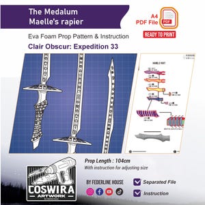 Może przedstawiać: Ilustracja wzoru rekwizytu na rapier, zatytułowana "The Medalum Maelle's rapier", o długości 104 cm. Projekt zawiera instrukcje i jest gotowy do druku. Obraz zawiera tekst "Clair Obscur: Expedition 33."