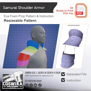May include: Samurai shoulder armor pattern and instructions. The image shows a 3D model wearing the armor, which is blue, white, red, yellow, green, and pink. The armor size is L 10.2 in x W 7.9 in x H 10.2 in. The image also includes a PDF file icon.