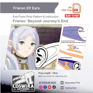 Puede incluir: Patrón digital para orejas de elfo Frieren, con ilustración de personaje y diagrama de montaje. La longitud del accesorio es de 14 cm. Incluye instrucciones y un archivo separado para imprimir.