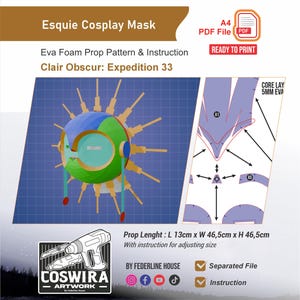 May include: A digital pattern for an Esquie cosplay mask, featuring a colorful spherical design with protruding elements. Includes instructions and a ready-to-print PDF file. The prop measures approximately 5.1 inches long, 18.3 inches wide, and 18.3 inches high.
