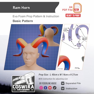 Puede incluir: Ilustración digital de un patrón de cuerno de carnero. Los cuernos son rojos, amarillos y azules, con un patrón básico e instrucciones. El tamaño del accesorio es de 40 cm de largo, 14 cm de ancho y 21 cm de alto. El texto dice "Ram Horn" y "Ready to Print".