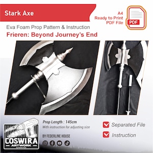 Può includere: Immagine dettagliata di un'ascia Stark, con un design argento e nero. L'accessorio, lungo 145 cm, fa parte di un set di modelli e istruzioni in schiuma Eva. Il testo "Frieren: Beyond Journey's End" è anch'esso visibile.