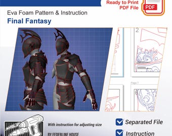 May include: Digital PDF pattern for Barnabas Armor from Final Fantasy. The design includes an Eva foam pattern and instructions. The image shows a 3D render of the armor, along with pattern pieces and the text "Ready to Print PDF File".