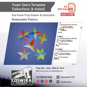 May include: A digital template for foam star props in six styles, with instructions for adjusting size. The design includes colorful, geometric star shapes and is available as a PDF file, ready to print. Prop sizes are 5cm, 10cm, and 15cm.
