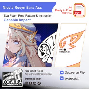 Pode incluir: Padr&atilde;o digital para Nicole Reeyn Ears Acc, com uma ilustra&ccedil;&atilde;o de personagem de Genshin Impact. A imagem inclui um diagrama de orelha, um design de orelha estilizado e texto indicando um comprimento de 15 cm. O padr&atilde;o &eacute; um PDF pronto para imprimir.