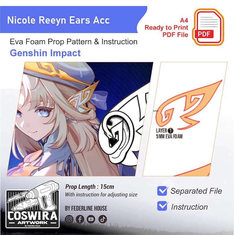 Pode incluir: Padr&atilde;o digital para Nicole Reeyn Ears Acc, com uma ilustra&ccedil;&atilde;o de personagem de Genshin Impact. A imagem inclui um diagrama de orelha, um design de orelha estilizado e texto indicando um comprimento de 15 cm. O padr&atilde;o &eacute; um PDF pronto para imprimir.
