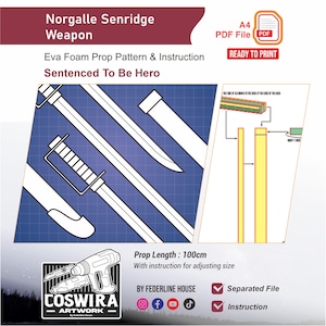 Może przedstawiać: Szczegółowy schemat wzoru miecza, oznaczony jako "Norgalle Senridge Weapon", o długości 100 cm. Projekt jest gotowy do druku i zawiera instrukcje dotyczące regulacji rozmiaru. Widoczny jest również tekst "Sentenced To Be Hero".