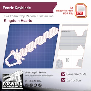 Może przedstawiać: Niebieski schemat w stylu planu dla rekwizytu Fenrir Keyblade z Kingdom Hearts. Biały wzór na niebieskim tle w kratkę. Długość rekwizytu wynosi 100 cm. Zawiera instrukcje i oddzielny plik do druku.