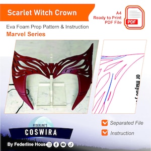 May include: A burgundy-colored Scarlet Witch crown prop made of Eva foam. The image includes a pattern and instructions for the Marvel Series crown. The text on the image says "Ready to Print PDF File".