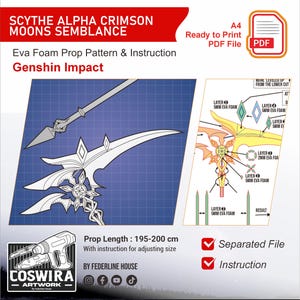 Op de afbeelding: Een digitaal patroon in blauwdrukstijl voor een "Scythe Alpha Crimson Moons Semblance" rekwisiet uit "Genshin Impact". De afbeelding bevat instructies, een rekwisietlengte van 195-200 cm en een PDF-bestand dat klaar is om af te drukken. Het ontwerp toont een zeis en een speer.