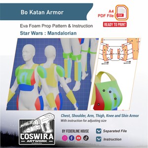 May include: A digital A4 PDF pattern for Bo Katan armor from Star Wars: The Mandalorian. The file includes EVA foam prop templates for chest, shoulder, arm, thigh, knee, and shin armor, featuring color-coded diagrams and instructions for sizing.