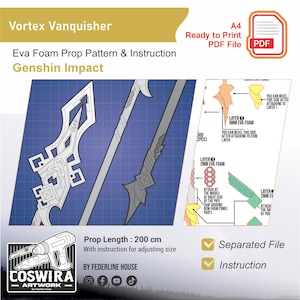 Puede incluir: Patrón digital para el accesorio "Vortex Vanquisher" de Genshin Impact. La imagen muestra el patrón, las instrucciones y un diagrama. La longitud del accesorio es de 200 cm. El archivo está listo para imprimir en PDF.