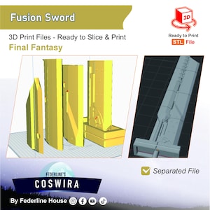Może przedstawiać: Cyfrowy model 3D miecza Fusion, gotowy do druku. Obraz przedstawia miecz w kolorze żółtym i szarym, z tekstem "Fusion Sword" i "Final Fantasy". Model jest podzielony dla łatwego drukowania.