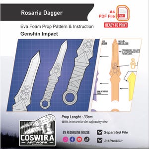 May include: A blueprint for a Rosaria Dagger prop from Genshin Impact, with instructions. The design includes three dagger views, a diagram, and the text "READY TO PRINT". The prop length is 33cm.
