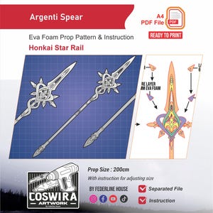 Puede incluir: Un patrón e instrucciones de lanza Argenti para Honkai Star Rail. La imagen muestra un diseño tipo plano con la lanza, un diagrama y el texto "READY TO PRINT". La lanza mide 200 cm de largo.